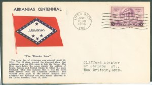 US 782 1936 3c Arkansas Statehood Centennial single on an addressed, typed, FDC with a Grandy Cachet