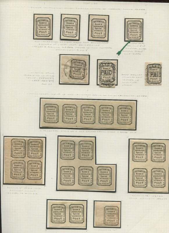 Lot of 280+ Hussey's Post 1862-1873 Local Stamps Most on Perry Pages