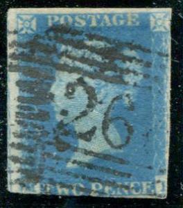 GREAT BRITAIN    2 USED 1840 2p blue Victoria CV $800.00