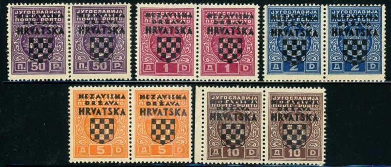 Croatia #J1-J5 Postage Due Stamps Pairs 1941 WWII MNH OG