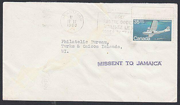 MISSENT TO JAMAICA 1980 cover CANADA to Turks Is...........................55023