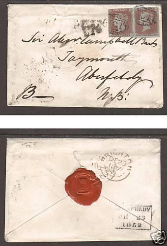 Great Britain SG 9 (x2) on 1852 Double Rate cover