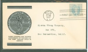 US 796 1937 3c virginia dare commemorative on an addressed fdc wtih a linprint cachet