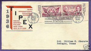 778  TIPEX 3c S/S PAIR 1936 AT NEW YORK, LINPRINT FIRST DAY COVER.