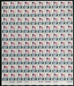 ￼1338 FLAG OVER WHITE HOUSE Sheet of 100 US 6¢ Stamps 1968 NH, Selvage Tear