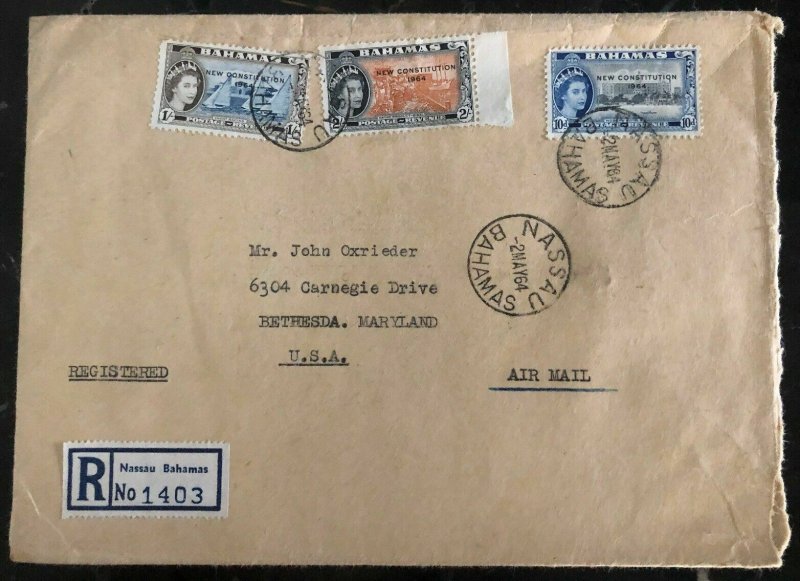 1964 Nassau Bahamas Registered Airmail cover To Bethesda USA