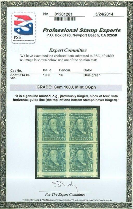 US SCOTT #314 Line Block, Mint-SUP, 1 VLH, 3NH, PSE Graded 100J Cert, garyposner