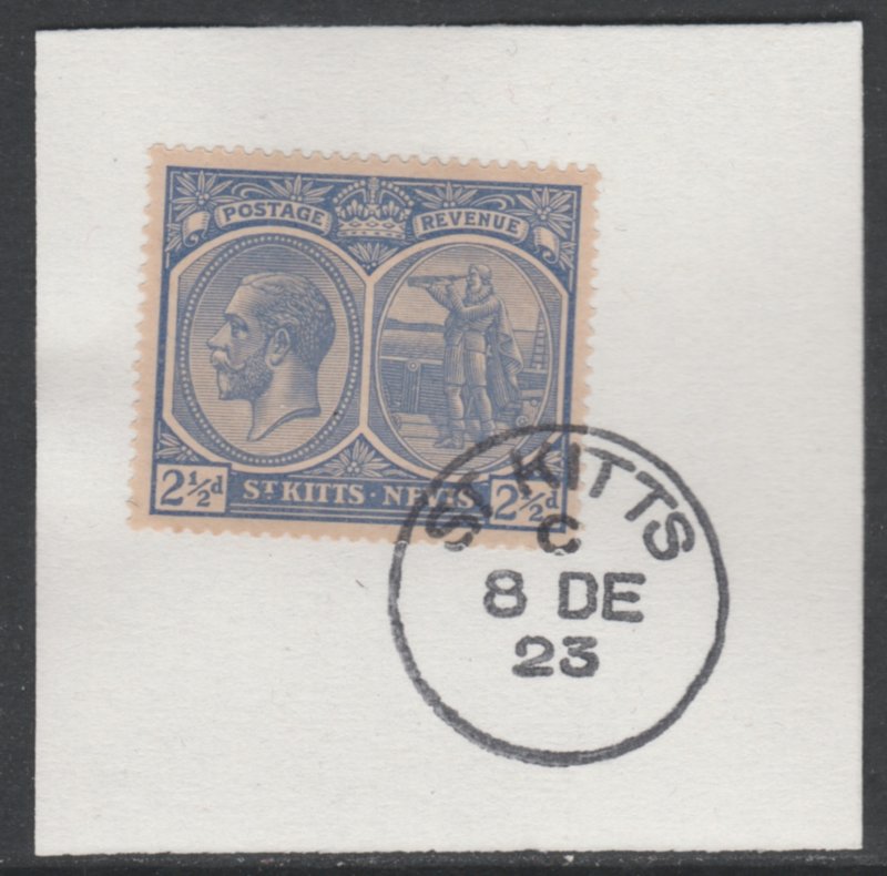 St KITTS-NEVIS 1920 KG5 COLUMBUS  2.5d  on piece with MADAME JOSEPH  POSTMARK