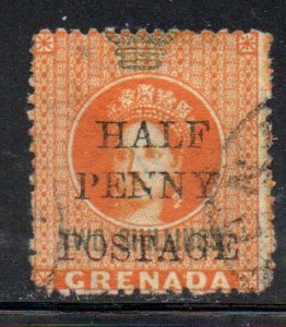 Grenada Sc 31 1889 1/2 d  on 2 shilling  orange & green Victoria stamp used