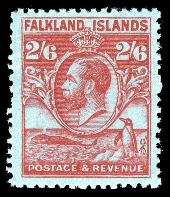 Falkland Islands 1929 Whale & Penguin 2s6d carmine/blue MNH. SG 123. Sc 61.