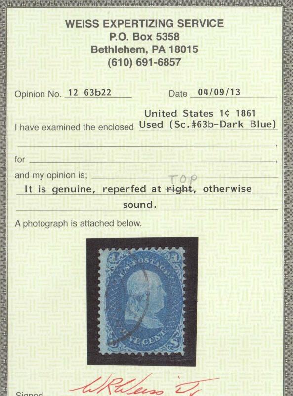 USA #63b Used **With Certificate**