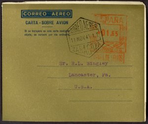 SPAIN 1949 1.65p Aerogramme EDIFIL No.13 ZARAGOZA to USA Used