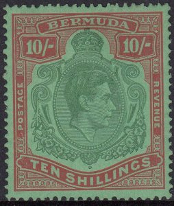 1939 BERMUDA KGVI 10/- BLUISH GREEN & DEEP RED PERF 14 (SG# 119a) MH VF