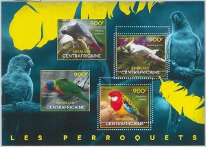 869 - CENTRAL AFRICAN - ERROR - MISSPERF Stamp sheet  2014  Parrots BIRDS