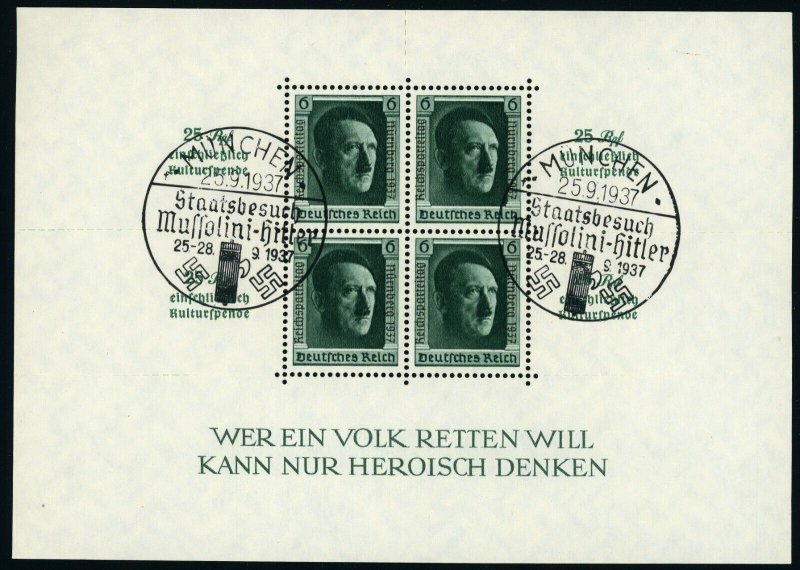 Germany #B104 Adolf Hitler 1937 Mussolini Visit Special Postmark Souvenir Sheet
