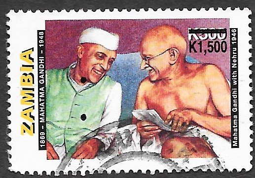 Zambia Scott #714 500K Portrait of Gandhi with Nehru (1998) used