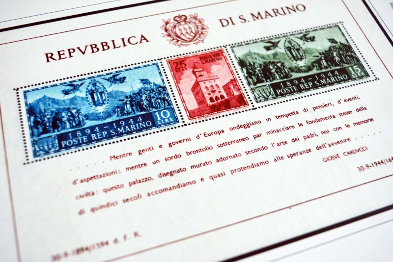 COLOR PRINTED SAN MARINO 1941-1965 STAMP ALBUM PAGES (40 illustrated pages)