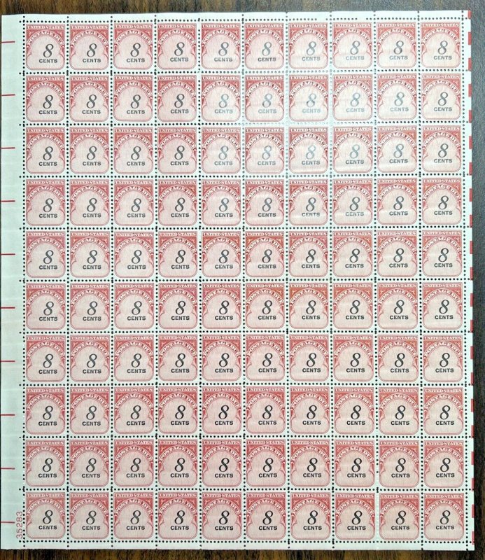 Scott J96 1959 8c Postage Due Shiny Gum Sheet of 100 Mint VF NH Cat $30