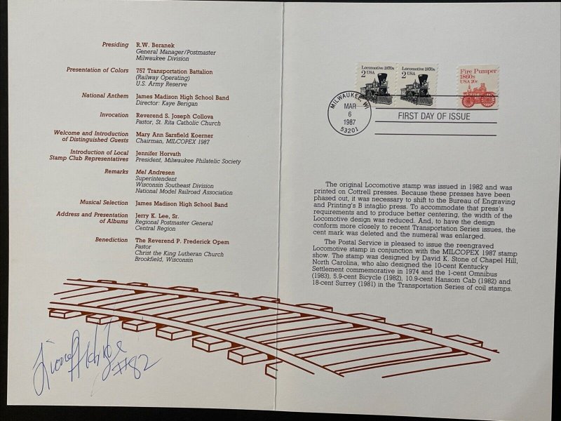 1987 Locomotive Stamp First Day Ceremony Program Sc# 2226 Signed Lionel Aldridge