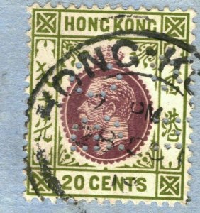 HONG KONG KGV 20c Stamp BANK PERFIN Piece ex Commonwealth Collection OBLUE116
