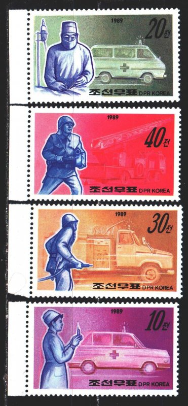 North Korea. 1989. 3034-37. Ambulance and firefighter transport. MNH.