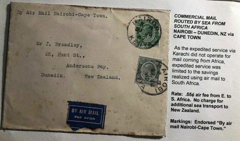 1932 Nairobi Kenia First Flight Cover FFC To Dunedin New Zealand Via Cape Town