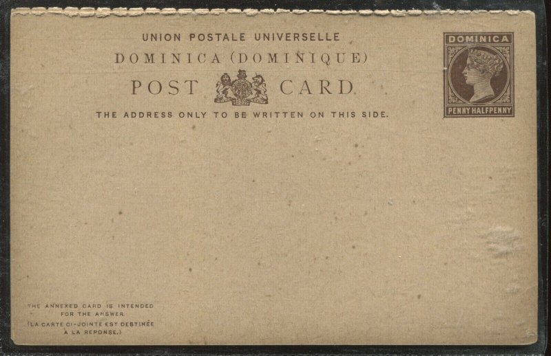 Dominica QV 1 1/2d Post Card unused with reply card loosely attached