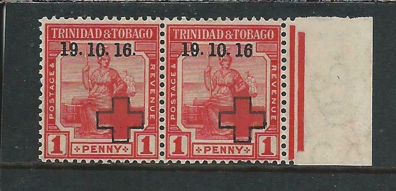 TRINIDAD & TOBAGO 1916 1d SCARLET PAIR ONE NO STOP AFTER 16 LMM SG 175/a CAT £20