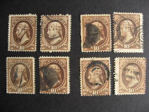 USA interesting group of 8 used 10c Jeffersons, what lurks here?