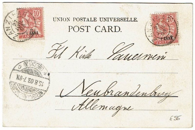 French office in Zanzibar, Scott 40 on double card to Neubrandenburg, Germany