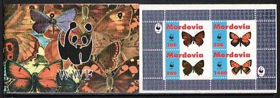 Mordovia, 67-70 Russian Local. Butterflies sheet of 4. Booklet.  W.W.F. logo.