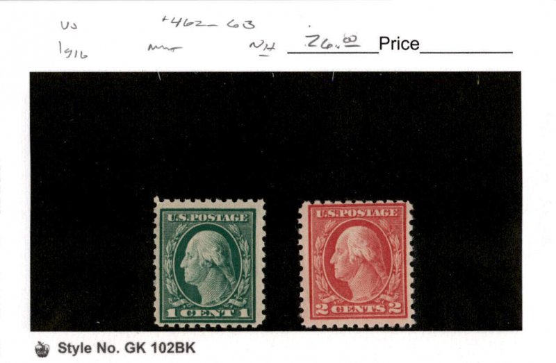 United States Postage Stamp, #462-463 Mint NH, 1916 Washington (AD)