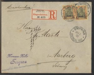 German 1902 Turkey Mi15I MeF Registered Cover SMYRNA to Aarburg Switzerla 112846