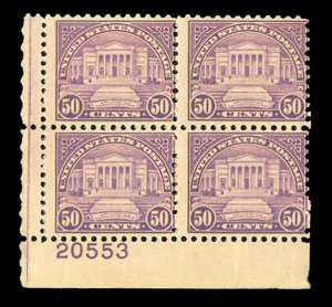 United States, 1930-Present #701 Cat$230, 1931 50c lilac, plate block of four...