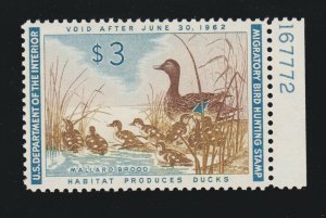 US RW28 $3 Duck Hunting Mint Plate #167772 Single VF-XF OG NH SCV $95