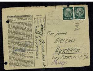 1941 Germany Dachau Concentration Camp Cover to Poland Heinrich Mierzwa KZ