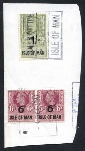 Isle of Man KGVI 1/- and 2 x 6d Key Plate Type Revenues CDS on Piece