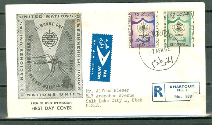 SUDAN 1962 KHARTOUM to US #142-143...REGISTERED FDC...NICE CACHET