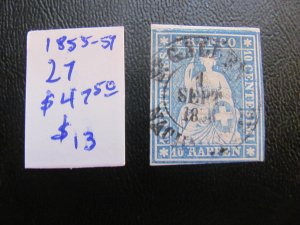 SWITZERLAND 1855-57 USED SC 27  TIGHT MARGINS  $47.50 (185)