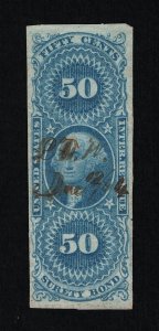 EXCELLENT GENUINE SCOTT #R63a FINE 1862-71 BLUE 1ST ISSUE REV SURETY BOND #18532