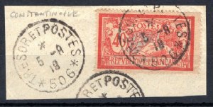 FRANCE PO ABROAD CONSTANTINOPLE Stamp 40c MILITARY CDS 1918 Turkey Piece SS3465
