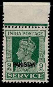 PAKISTAN GVI SG O3, 9p green, NH MINT.