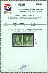 U.S. #343 MINT Pair OG HR with PSE Cert