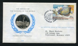 1980  United Nations Sterling Silver Zaire Medal & Stamp