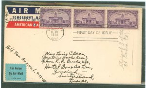 US 838 (1938) 3c Iowa Territory Centennial (strip of three) on an uncacheted, addressed First Day cover sent Via surface + airma