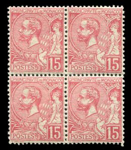 Monaco #17 Cat$800, 1891 15c rose, block of four, one stamp never hinged, res...