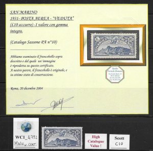 WC1_4792. SAN MARINO.10 Lire of 1931 air mail set. Scott C10 W. certificate. MNH