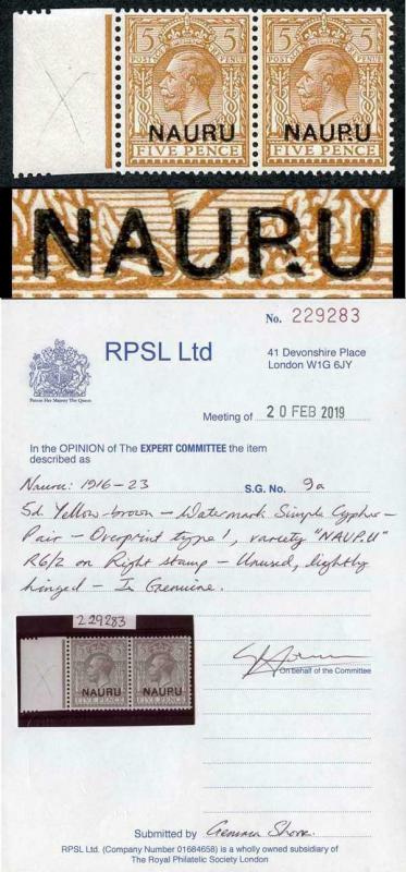 NAURU SG9/9a 5d yellow-brown Variety NAUPU Superb M/Mint VERY RARE RPS Cert