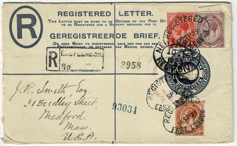 South Africa 1925 East London cancel on registry envelope to the U.S.