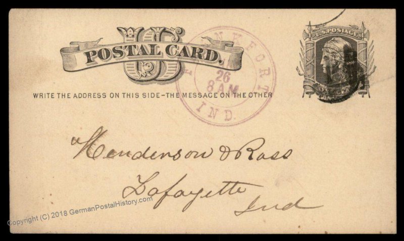 USA 1879 1c Postal Stationery Frankfort Indiana Large Violet Cancel 95618